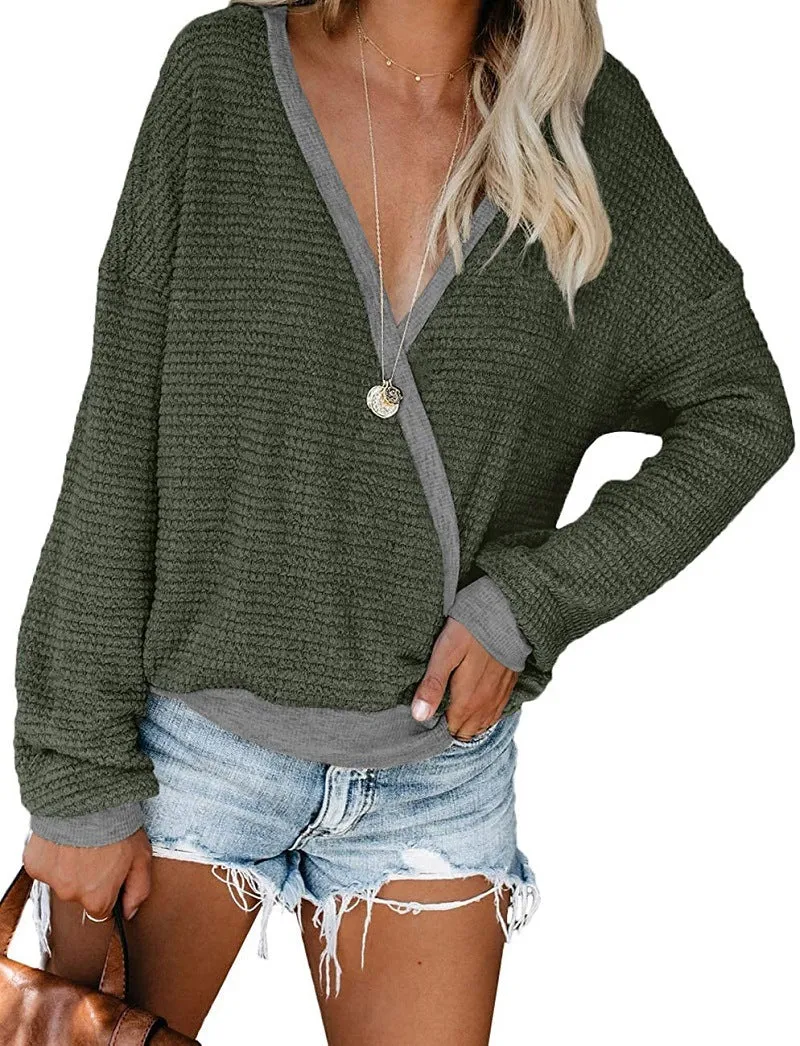 Damen Lockerer Waffelstrick-Pullover mit tiefem V-Ausschnitt und Lagen‑Look Nord Taschen