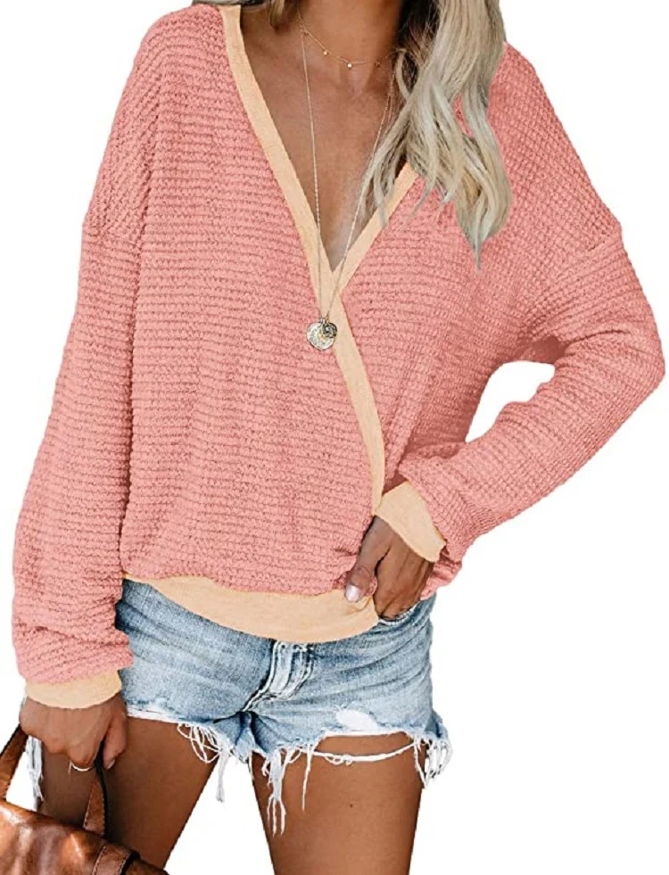 Damen Lockerer Waffelstrick-Pullover mit tiefem V-Ausschnitt und Lagen‑Look Nord Taschen