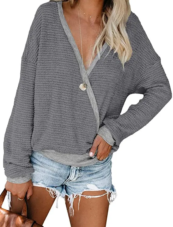 Damen Lockerer Waffelstrick-Pullover mit tiefem V-Ausschnitt und Lagen‑Look Nord Taschen