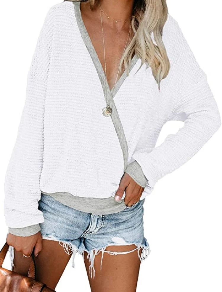 Damen Lockerer Waffelstrick-Pullover mit tiefem V-Ausschnitt und Lagen‑Look Nord Taschen