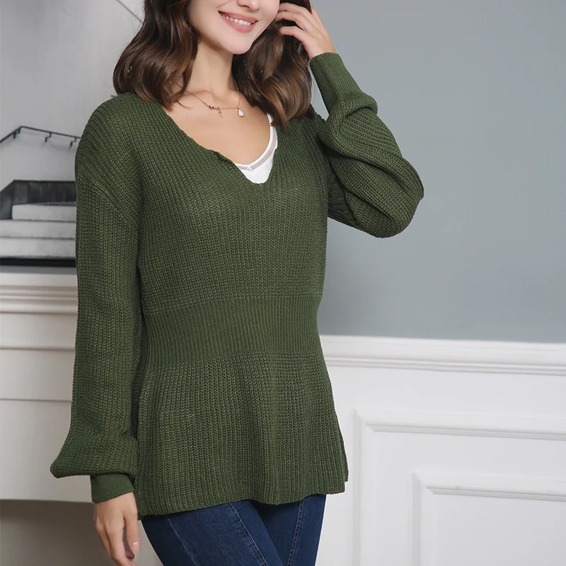 Damen Lockerer Feinstrick-Pullover mit V-Notch-Ausschnitt, Tailliertem Rippbund und Ballonärmeln Nord Taschen