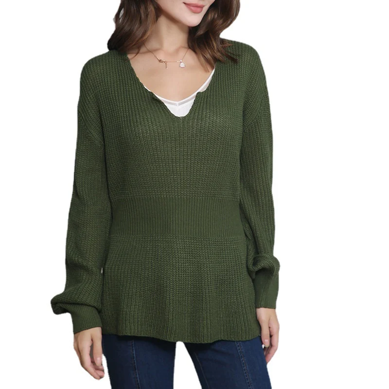 Damen Lockerer Feinstrick-Pullover mit V-Notch-Ausschnitt, Tailliertem Rippbund und Ballonärmeln Nord Taschen