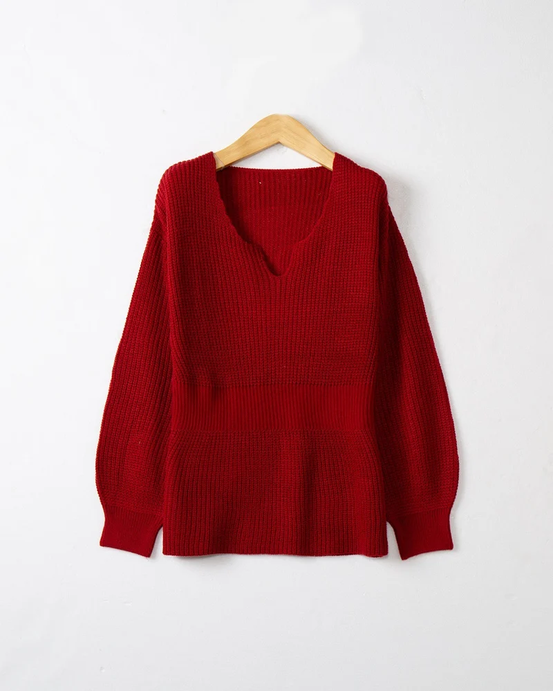 Damen Lockerer Feinstrick-Pullover mit V-Notch-Ausschnitt, Tailliertem Rippbund und Ballonärmeln Nord Taschen