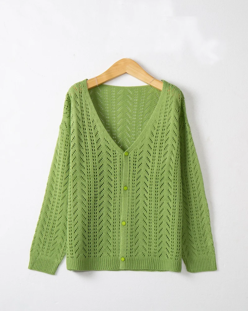 Damen Leichte Ajour-Strickjacke mit tiefem V-Ausschnitt und Knopfleiste Nord Taschen