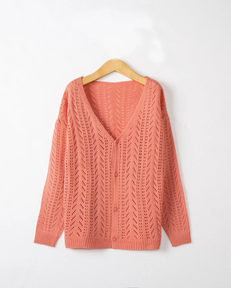 Damen Leichte Ajour-Strickjacke mit tiefem V-Ausschnitt und Knopfleiste Nord Taschen