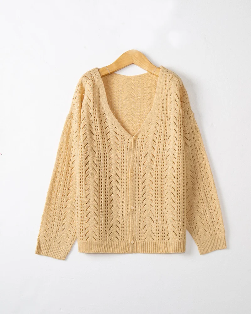 Damen Leichte Ajour-Strickjacke mit tiefem V-Ausschnitt und Knopfleiste Nord Taschen