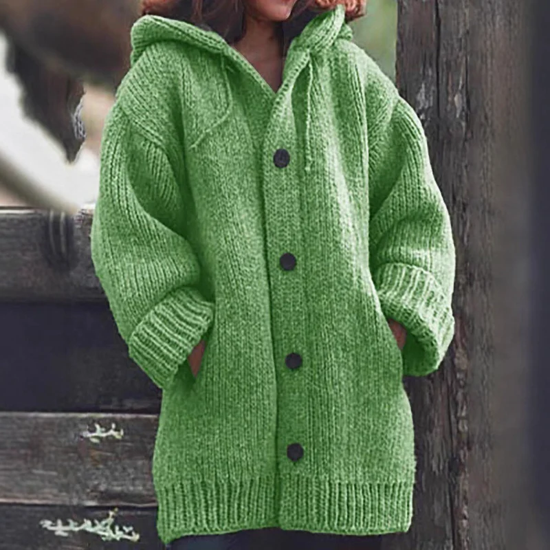Damen Langgezogener Grobstrick-Mantelcardigan mit Kapuze, überschnittener Schulter und großen Knöpfen Nord Taschen