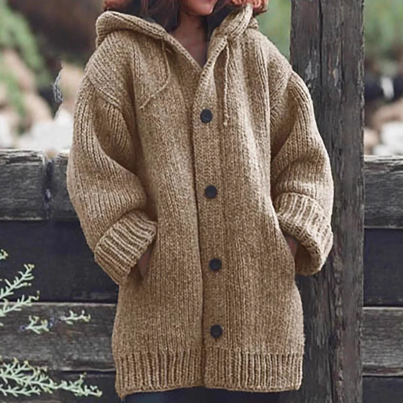 Damen Langgezogener Grobstrick-Mantelcardigan mit Kapuze, überschnittener Schulter und großen Knöpfen Nord Taschen