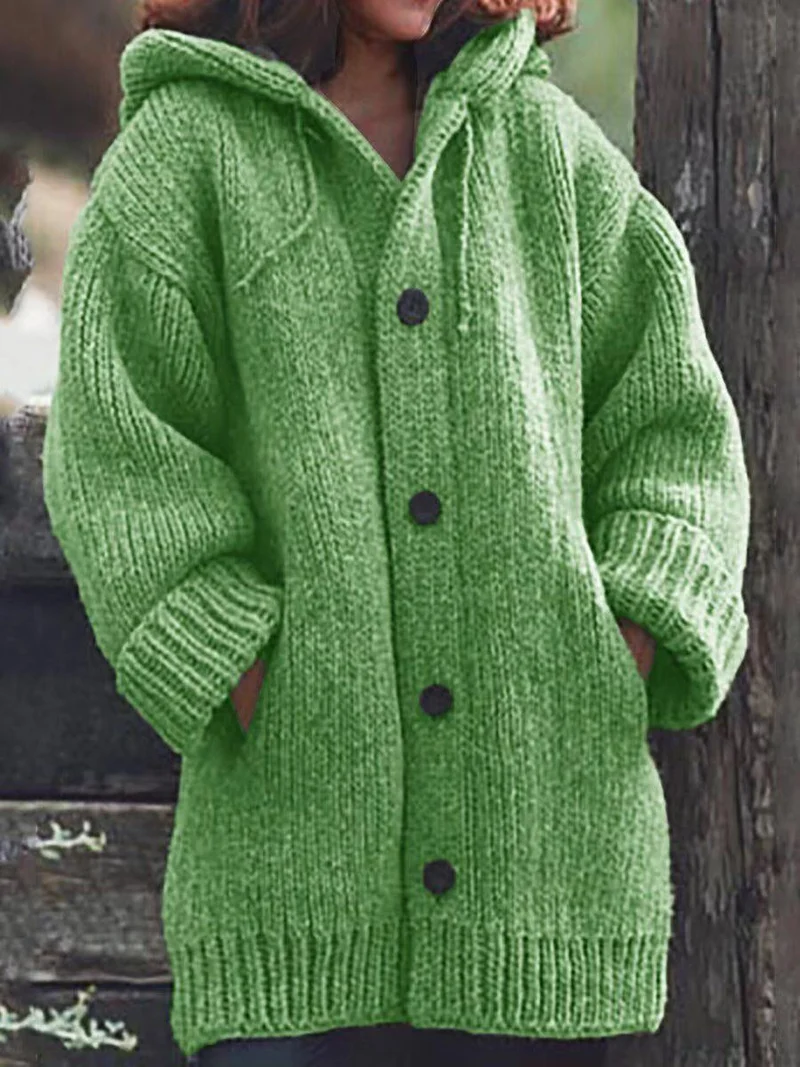 Damen Langgezogener Grobstrick-Mantelcardigan mit Kapuze, überschnittener Schulter und großen Knöpfen Nord Taschen