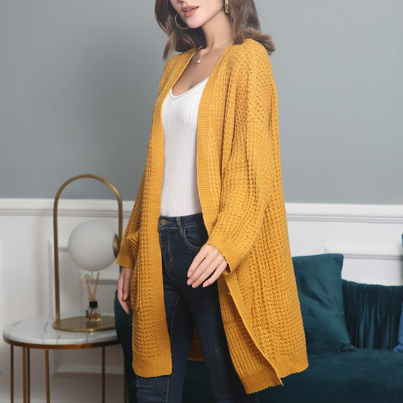 Damen Langer Oversize Strickmantel mit offener Front und aufgesetzten Taschen Nord Taschen