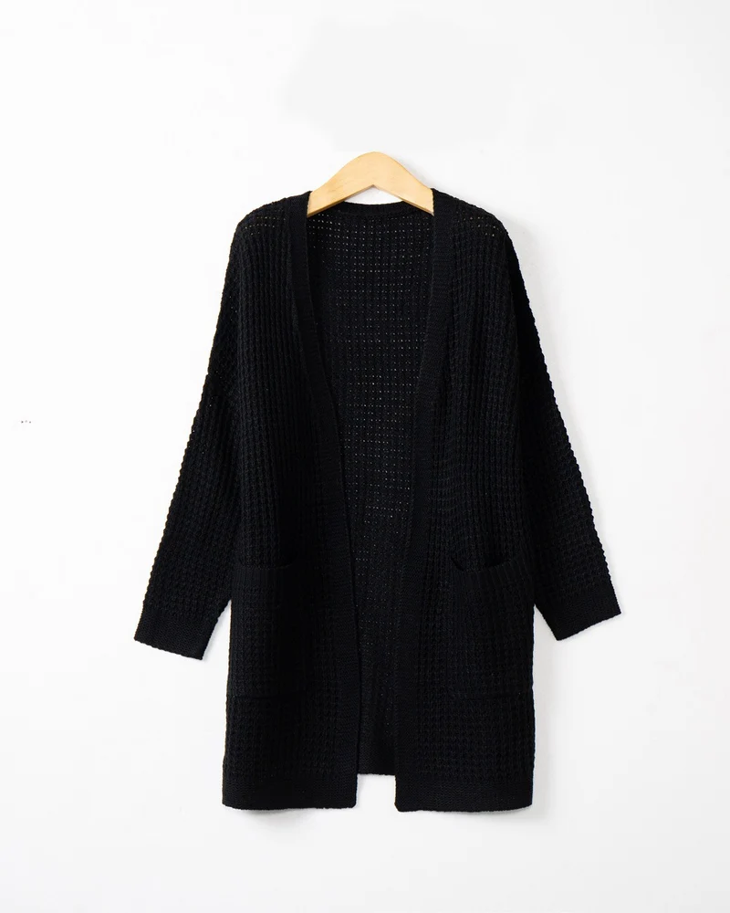 Damen Langer Oversize Strickmantel mit offener Front und aufgesetzten Taschen Nord Taschen