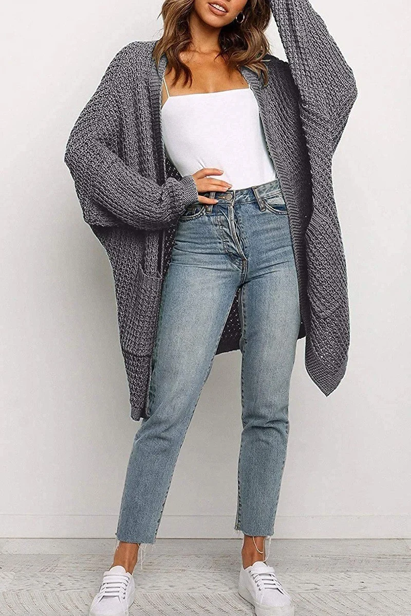 Damen Langer Oversize Strickmantel mit offener Front und aufgesetzten Taschen Nord Taschen