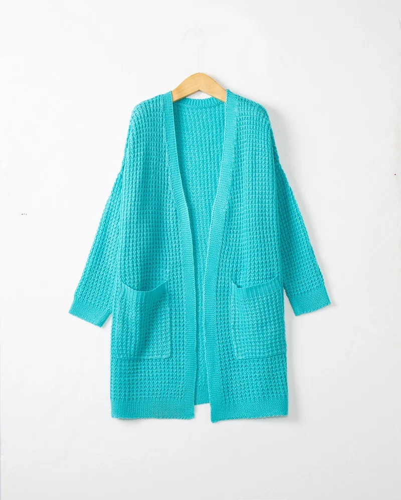 Damen Langer Oversize Strickmantel mit offener Front und aufgesetzten Taschen Nord Taschen