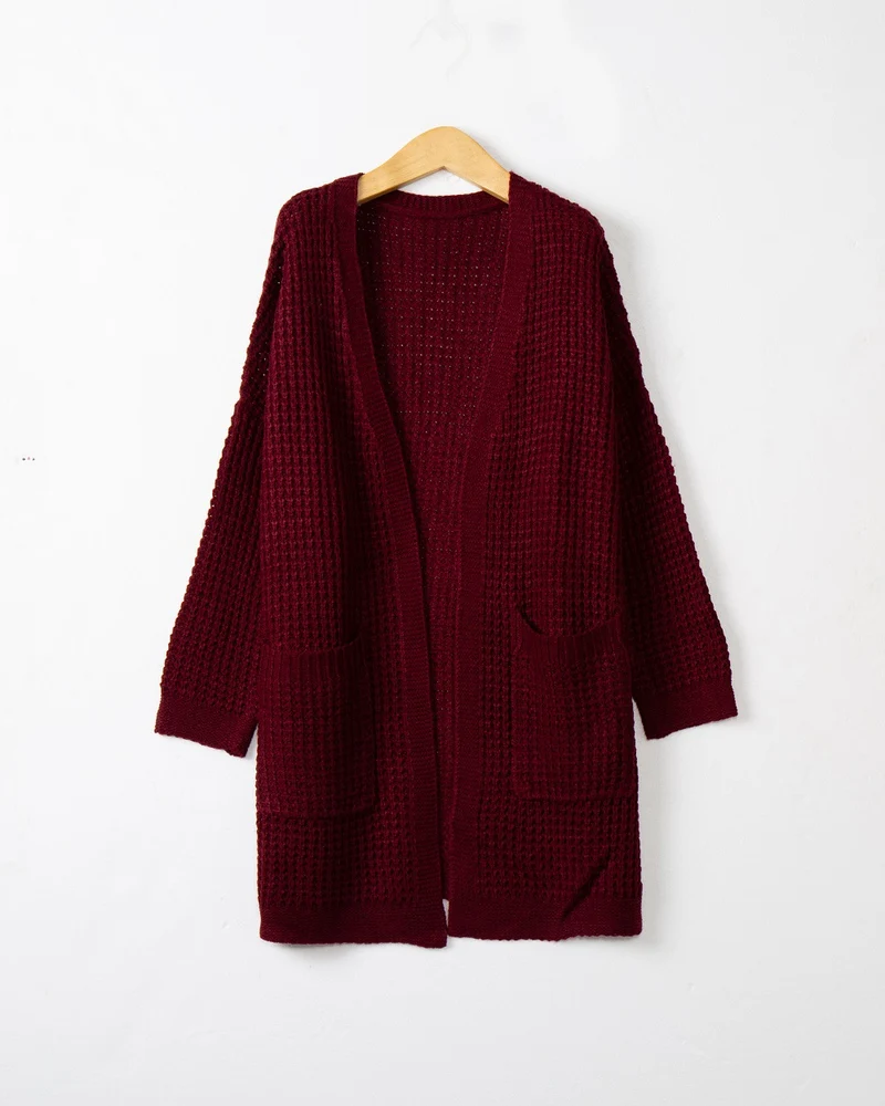 Damen Langer Oversize Strickmantel mit offener Front und aufgesetzten Taschen Nord Taschen