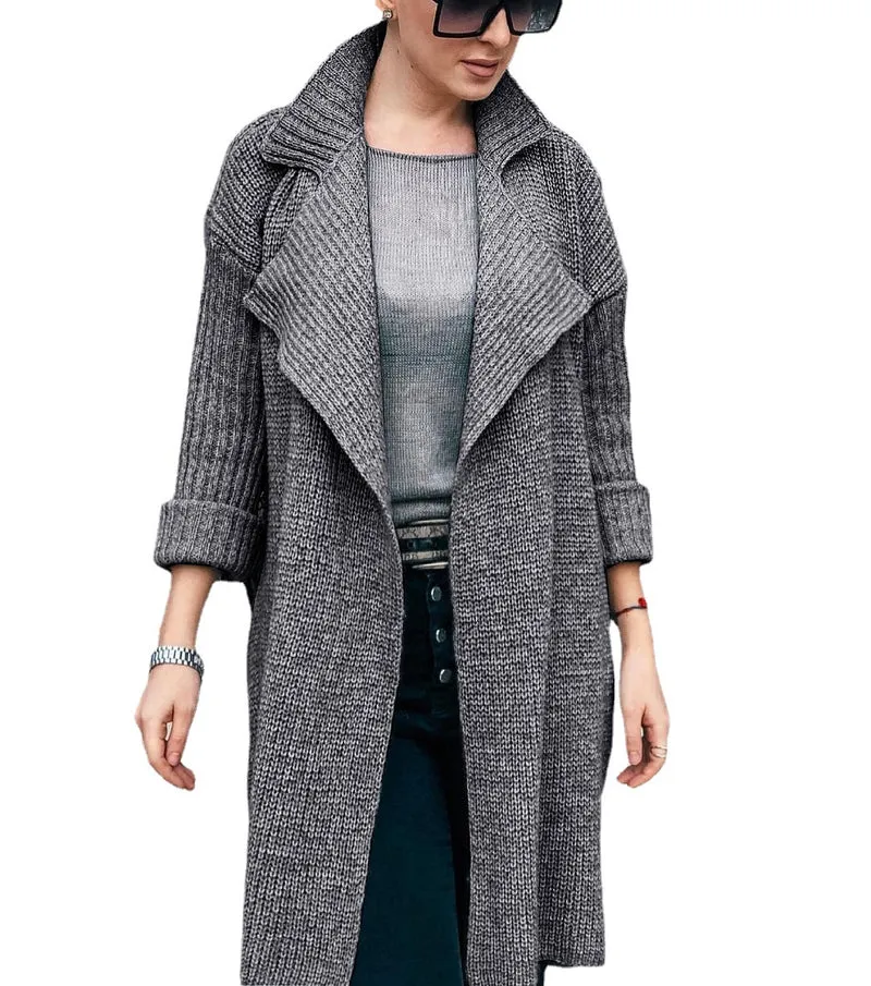 Damen Langer Offener Strickmantel mit Schalkragen und Umschlagärmeln Nord Taschen