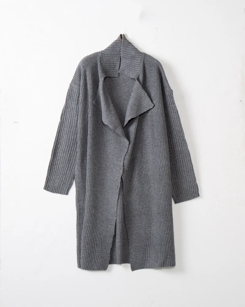 Damen langer offener Rippstrick-Cardigan mit weitem Schalkragen Nord Taschen