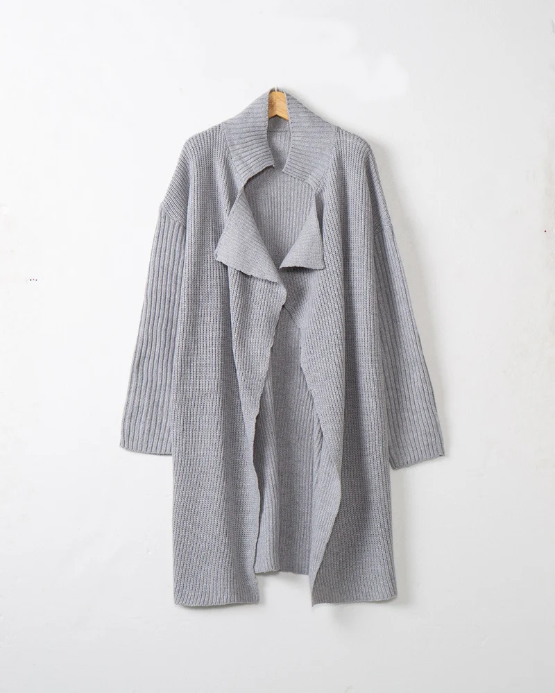 Damen langer offener Rippstrick-Cardigan mit weitem Schalkragen Nord Taschen