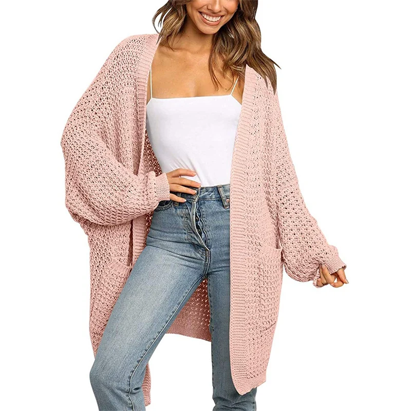 Damen Langer Offener Grobstrick-Cardigan im Cocoon-Schnitt mit Eingrifftaschen Nord Taschen