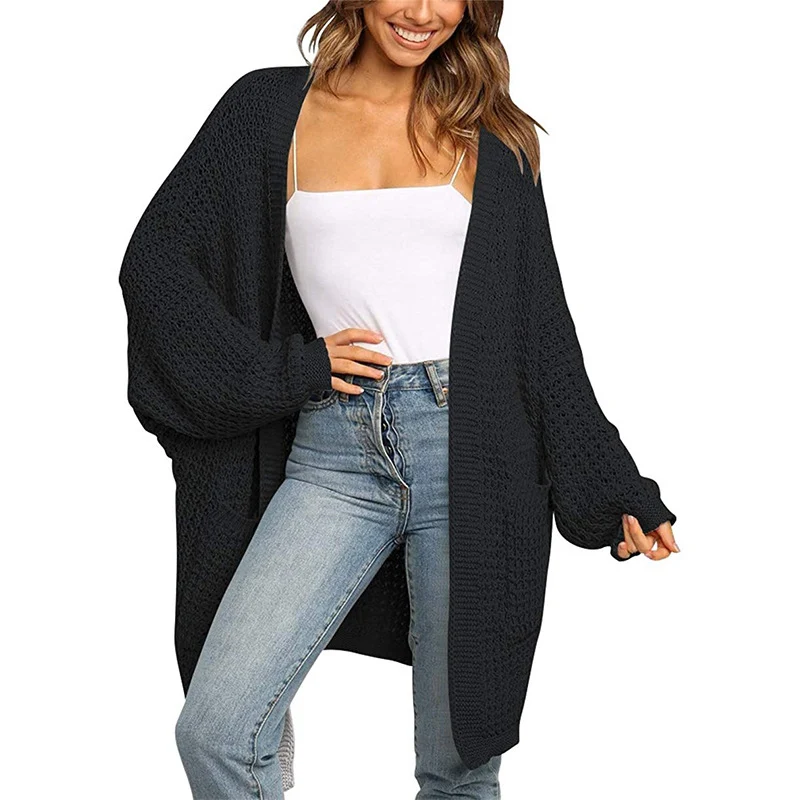 Damen Langer Offener Grobstrick-Cardigan im Cocoon-Schnitt mit Eingrifftaschen Nord Taschen