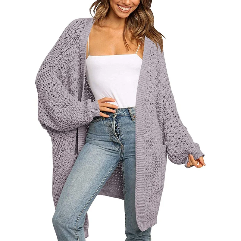 Damen Langer Offener Grobstrick-Cardigan im Cocoon-Schnitt mit Eingrifftaschen Nord Taschen
