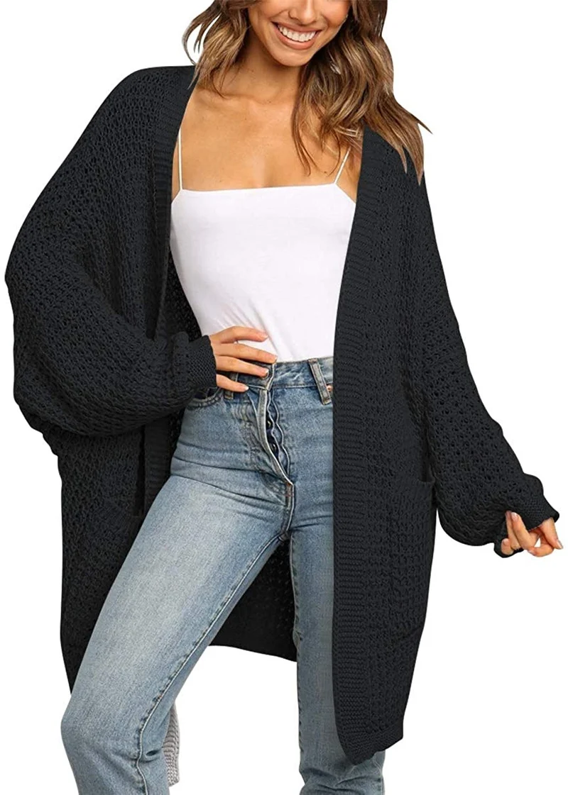 Damen Langer Offener Grobstrick-Cardigan im Cocoon-Schnitt mit Eingrifftaschen Nord Taschen