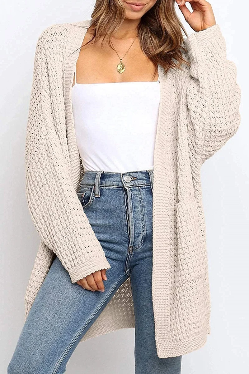 Damen Langer Offener Grobstrick-Cardigan im Cocoon-Schnitt mit Eingrifftaschen Nord Taschen