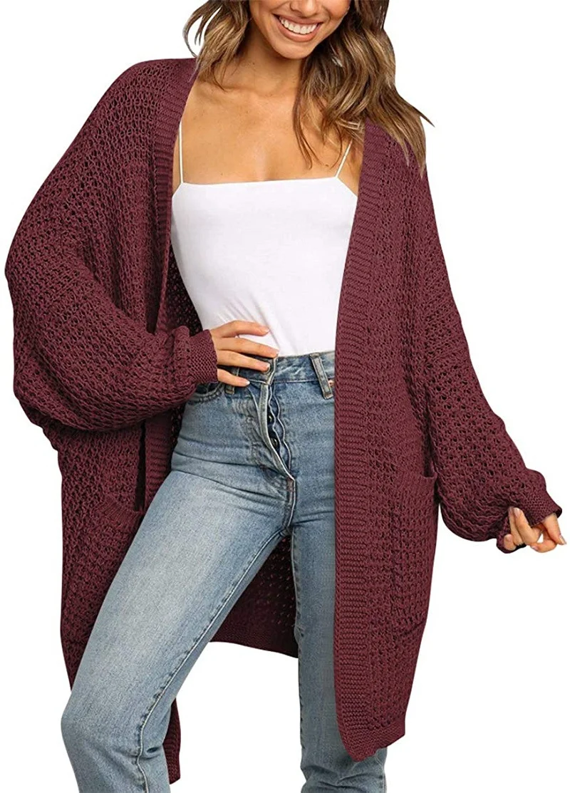 Damen Langer Offener Grobstrick-Cardigan im Cocoon-Schnitt mit Eingrifftaschen Nord Taschen