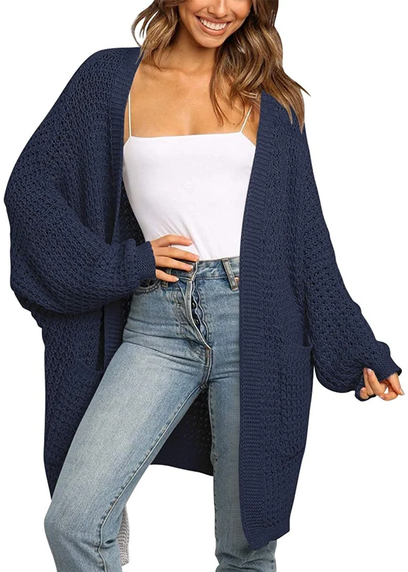 Damen Langer Offener Grobstrick-Cardigan im Cocoon-Schnitt mit Eingrifftaschen Nord Taschen