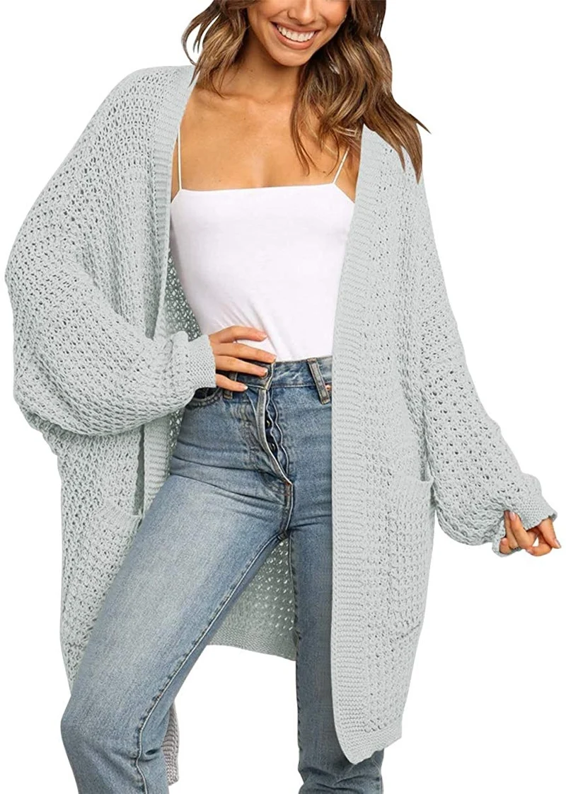 Damen Langer Offener Grobstrick-Cardigan im Cocoon-Schnitt mit Eingrifftaschen Nord Taschen