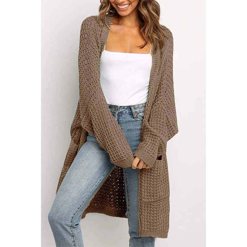 Damen Langer Offener Grobstrick-Cardigan im Cocoon-Schnitt mit Eingrifftaschen Nord Taschen