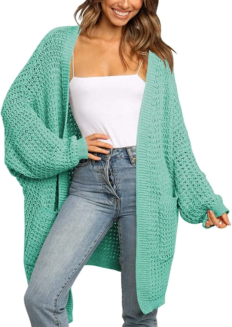Damen Langer Offener Grobstrick-Cardigan im Cocoon-Schnitt mit Eingrifftaschen Nord Taschen
