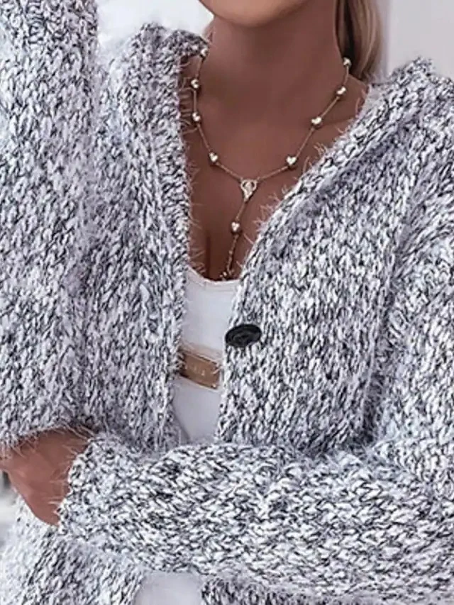 Damen Langer Mélange-Kuschelcardigan mit Kapuze, Hornknopf und Eingrifftaschen Nord Taschen