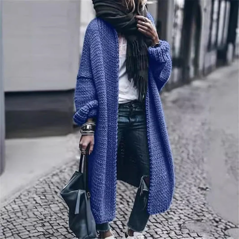 Damen Langer Grobstrick-Mantelcardigan mit überschnittener Schulter und offener Front Nord Taschen