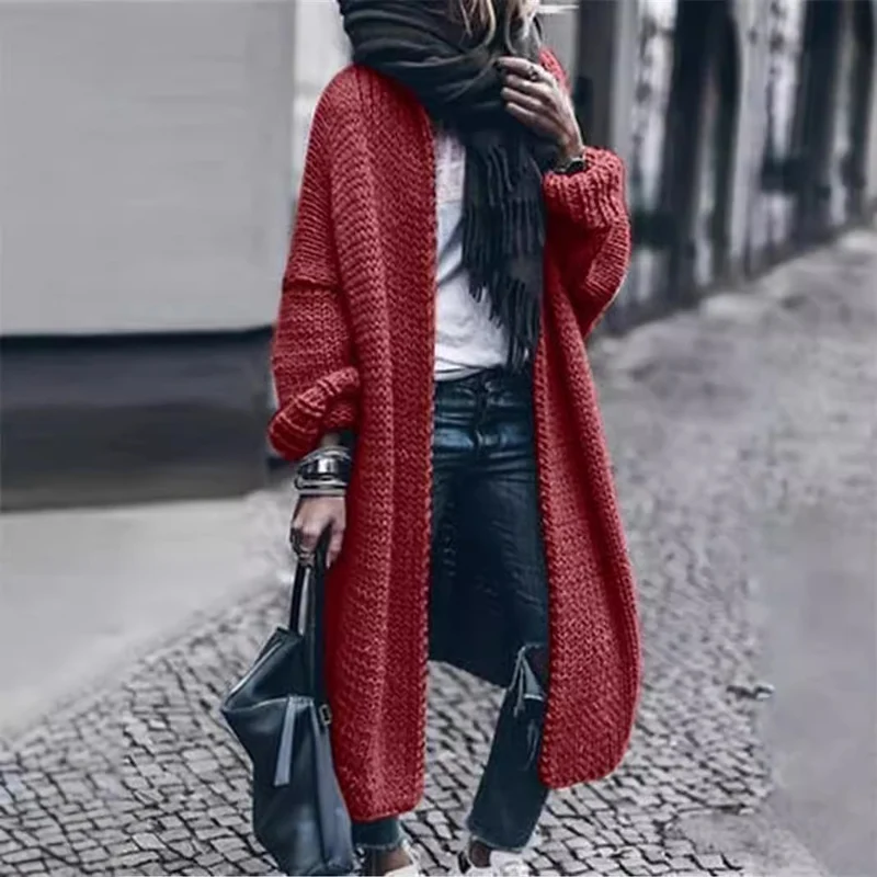 Damen Langer Grobstrick-Mantelcardigan mit überschnittener Schulter und offener Front Nord Taschen