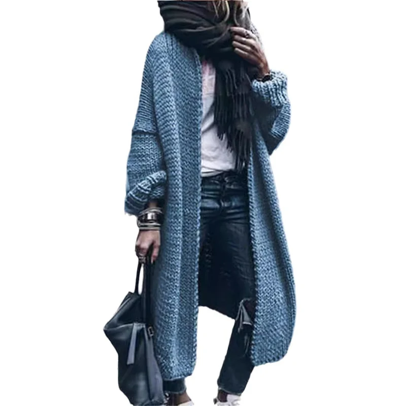 Damen Langer Grobstrick-Mantelcardigan mit überschnittener Schulter und offener Front Nord Taschen