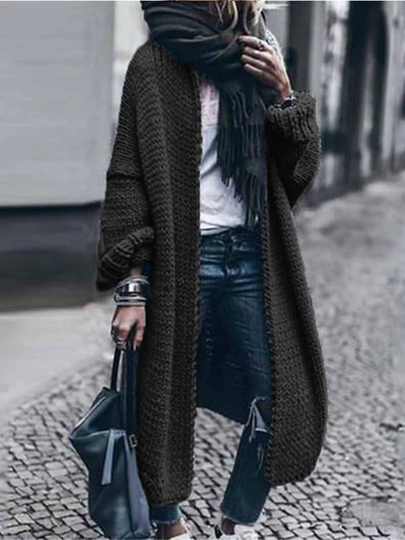 Damen Langer Grobstrick-Mantelcardigan mit überschnittener Schulter und offener Front Nord Taschen