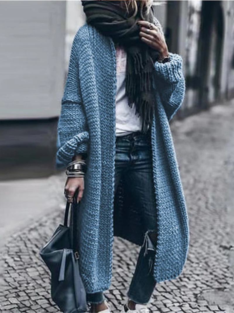 Damen Langer Grobstrick-Mantelcardigan mit überschnittener Schulter und offener Front Nord Taschen