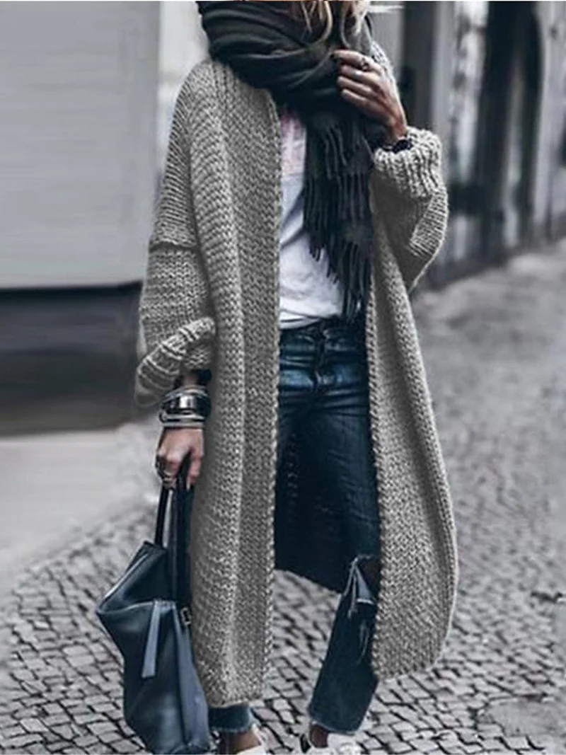 Damen Langer Grobstrick-Mantelcardigan mit überschnittener Schulter und offener Front Nord Taschen