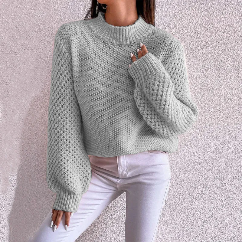 Damen Kurzgeschnitteter Grobstrick-Pullover mit Voluminösen Netzstruktur-Ärmeln und Stehkragen Nord Taschen