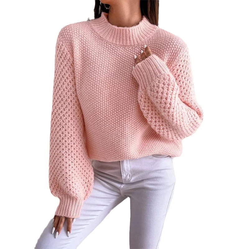 Damen Kurzgeschnitteter Grobstrick-Pullover mit Voluminösen Netzstruktur-Ärmeln und Stehkragen Nord Taschen