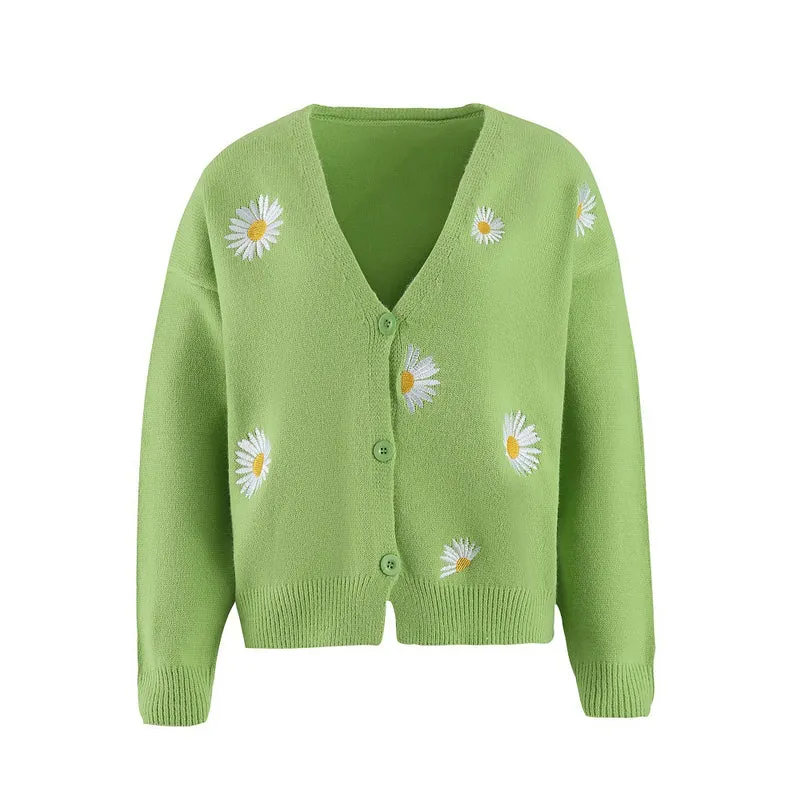 Damen Kurzgeschnittener V-Ausschnitt-Strickcardigan mit gestickten Gänseblümchen und Rippbündchen Nord Taschen