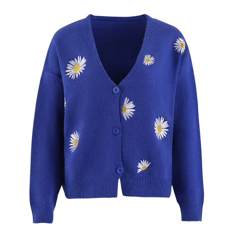 Damen Kurzgeschnittener V-Ausschnitt-Strickcardigan mit gestickten Gänseblümchen und Rippbündchen Nord Taschen