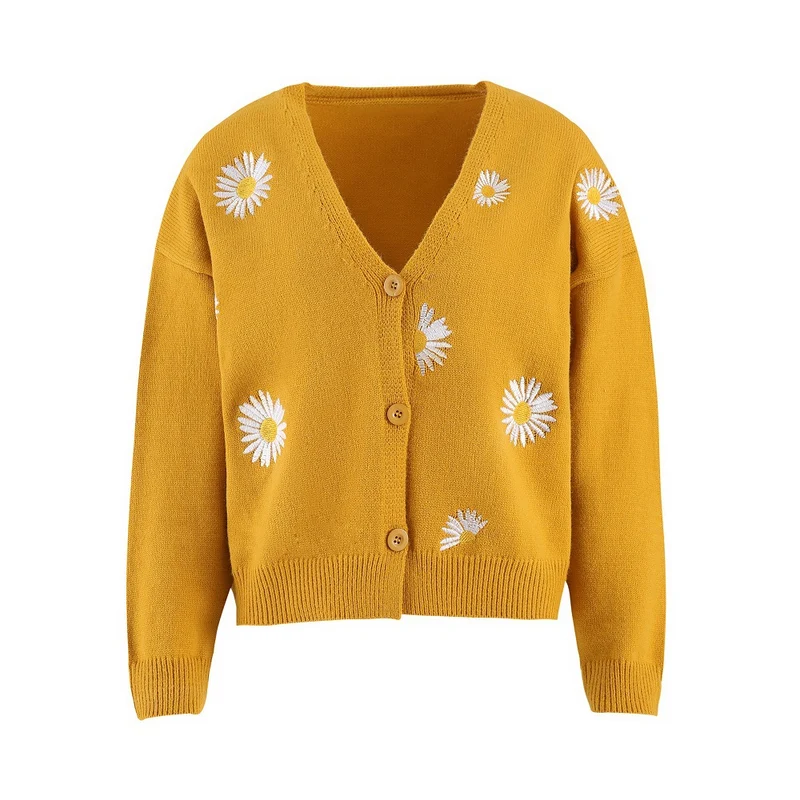 Damen Kurzgeschnittener V-Ausschnitt-Strickcardigan mit gestickten Gänseblümchen und Rippbündchen Nord Taschen