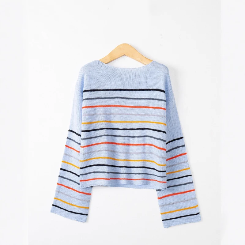 Damen Kurzgeschnittener Feinstrick-Pullover mit Rundhalsausschnitt, mehrfarbigen Horizontalstreifen und überschnittenen Schultern Nord Taschen
