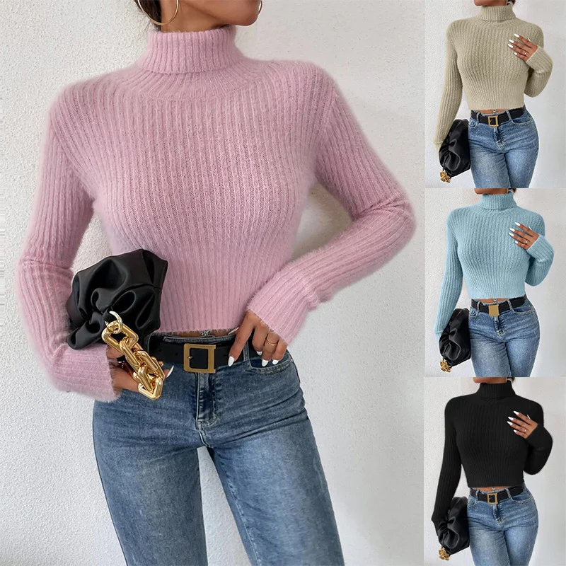 Damen Kurzer Rippstrick-Rollkragenpullover mit flauschiger Mohair‑Optik Nord Taschen