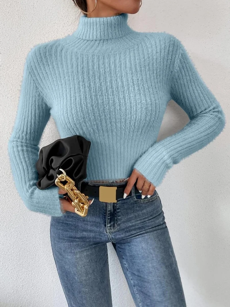 Damen Kurzer Rippstrick-Rollkragenpullover mit flauschiger Mohair‑Optik Nord Taschen