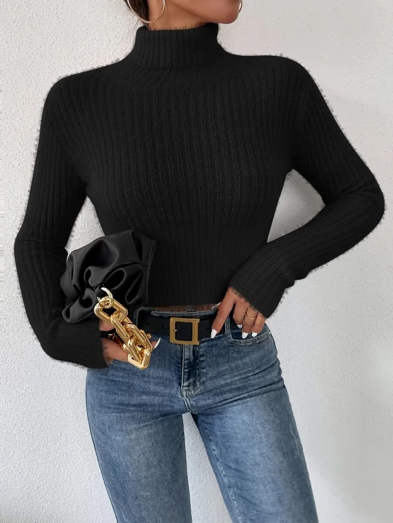 Damen Kurzer Rippstrick-Rollkragenpullover mit flauschiger Mohair‑Optik Nord Taschen
