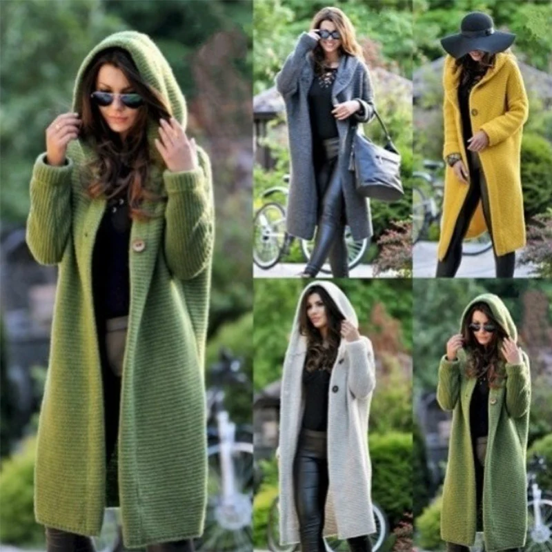 Damen Kapuzen-Strickmantel mit Oversize-Schnitt und Knopfleiste Nord Taschen