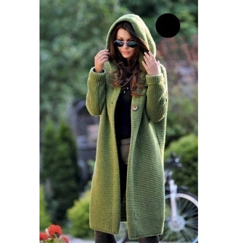 Damen Kapuzen-Strickmantel mit Oversize-Schnitt und Knopfleiste Nord Taschen