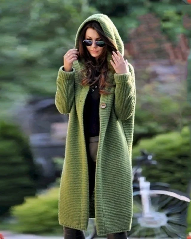 Damen Kapuzen-Strickmantel mit Oversize-Schnitt und Knopfleiste Nord Taschen
